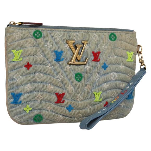 LOUIS VUITTON Monogram Denim New Wave Pochette Zip Bag Blue M67538 Auth 110431 - Picture 1 of 16